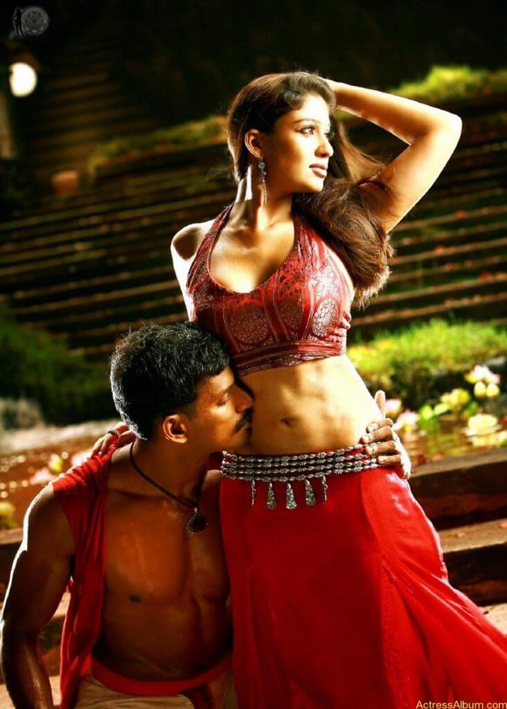 Nayanthara Hot Sexy Navel Kiss In Sathyam Hd Red Backless Blouse Photos