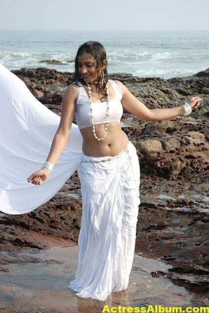 Madhavi Latha Navel Show Photos in White Saree 5